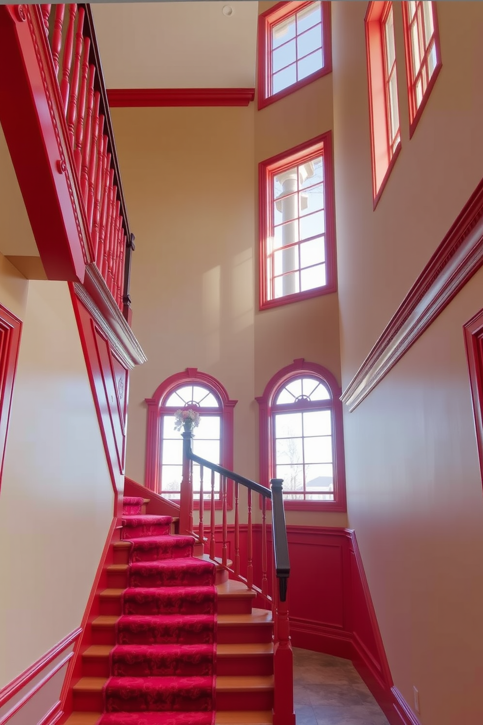 A stylish red staircase with decorative trim. The staircase features intricate woodwork along the edges and a plush runner that adds a touch of elegance. The walls surrounding the staircase are painted in a soft neutral tone to enhance the vibrant red. Large windows allow natural light to illuminate the space, highlighting the staircase's unique design.