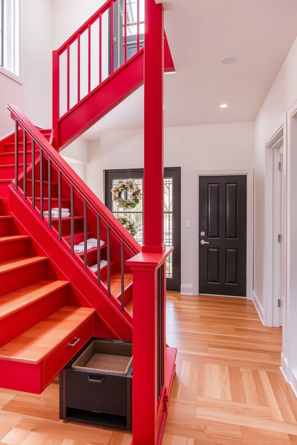 A striking red staircase with integrated storage solutions creates a bold focal point in the entryway. The staircase features built-in shelves and drawers, seamlessly blending functionality with modern design. The vibrant red hue of the staircase adds warmth and energy to the space. Surrounding the staircase, light wood flooring enhances the contemporary aesthetic while providing a beautiful contrast.