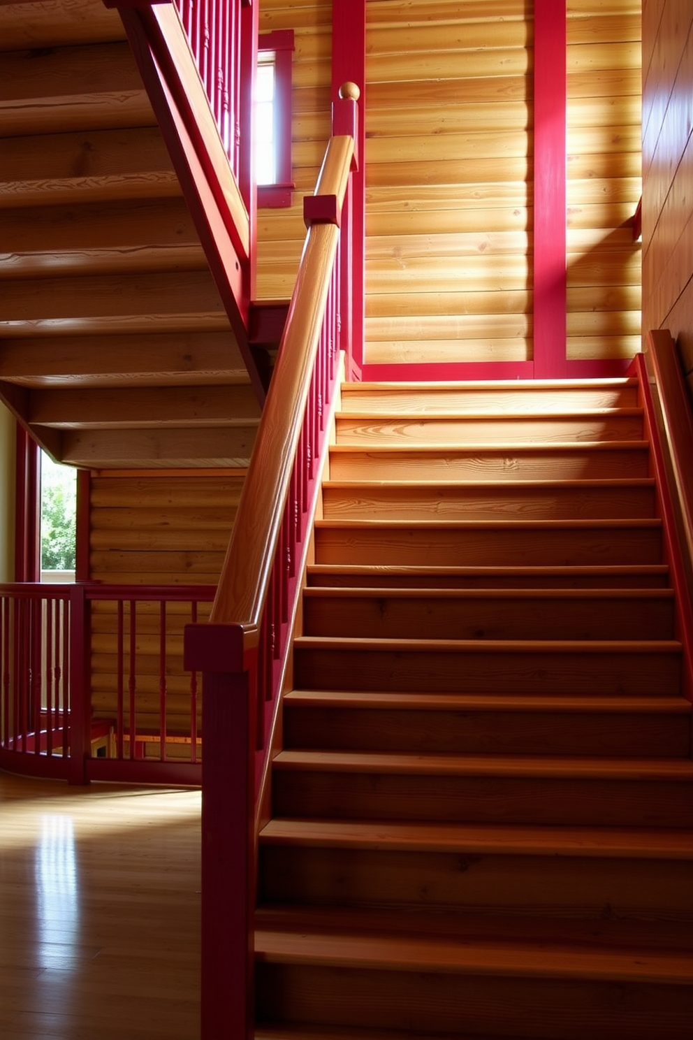 A rustic wooden staircase with rich red accents creates a warm and inviting atmosphere. The stairs feature a natural wood finish, complemented by vibrant red railings that add a pop of color and character.