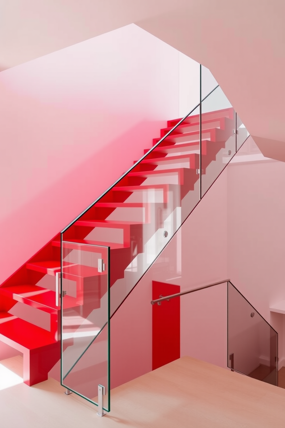 Contemporary red stairs with a sleek glass railing create a striking focal point in any modern home. The vibrant red hue of the stairs contrasts beautifully with the transparency of the glass, allowing light to flow through and enhance the overall aesthetic. This staircase design features a minimalist approach, with clean lines and a bold color choice that adds energy to the space. The glass railing not only provides safety but also maintains an open and airy feel, making the staircase an inviting element of the interior.