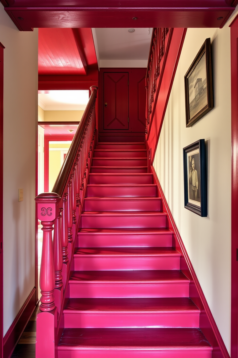 A vintage red painted staircase exudes charm and character. The bold color creates a striking focal point in the entryway, inviting guests to explore further. The staircase features intricate wooden balusters that enhance its classic appeal. Soft lighting illuminates the steps, highlighting the rich texture of the red paint and the craftsmanship of the design.