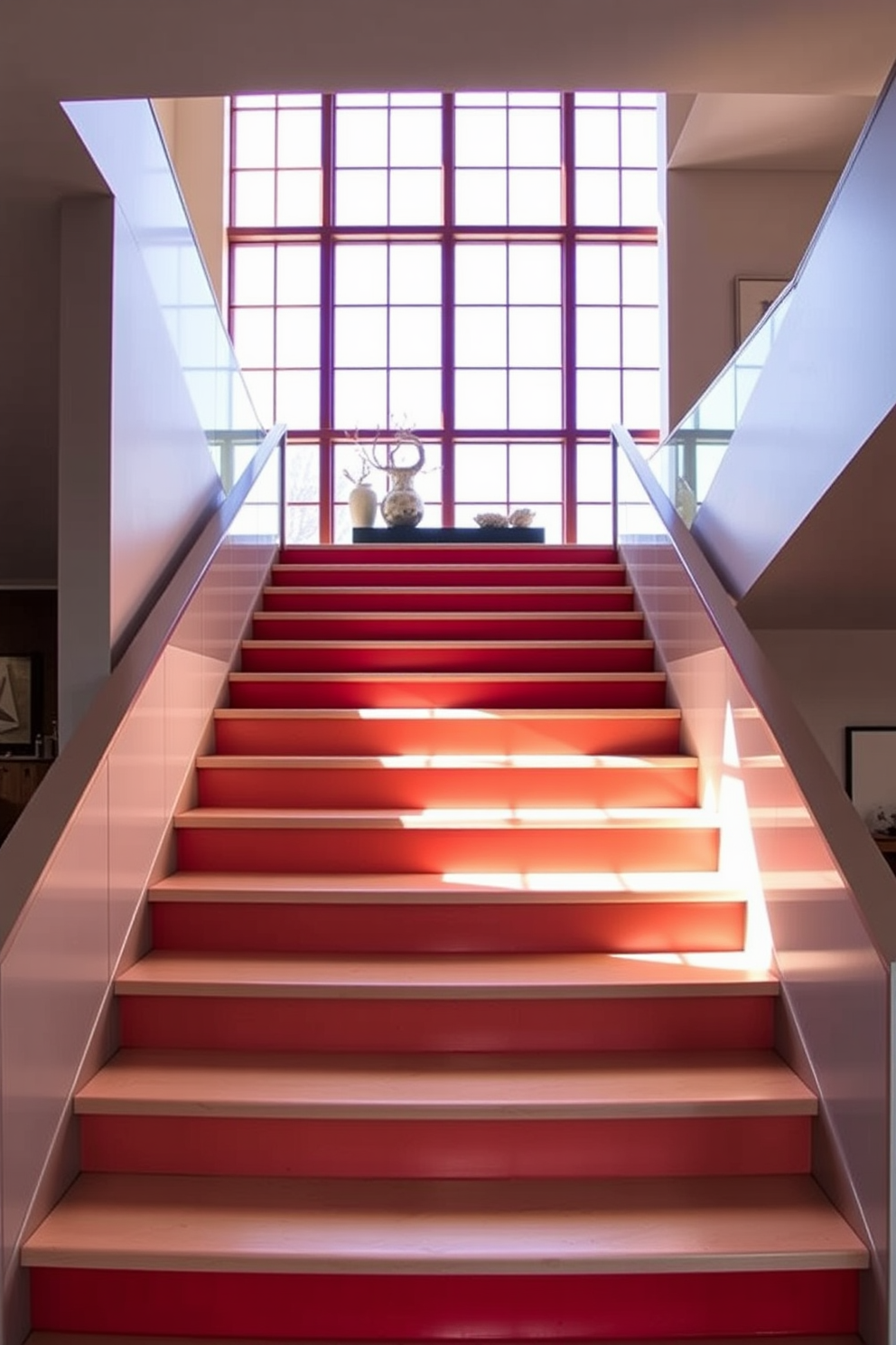 A striking red staircase features bold risers that create a vibrant contrast against the neutral step treads. The design showcases clean lines and a modern aesthetic, enhancing the overall elegance of the space. The staircase is illuminated by natural light streaming through large windows, highlighting the rich red color. Surrounding the staircase, minimalist decor complements the design, creating a harmonious flow throughout the home.