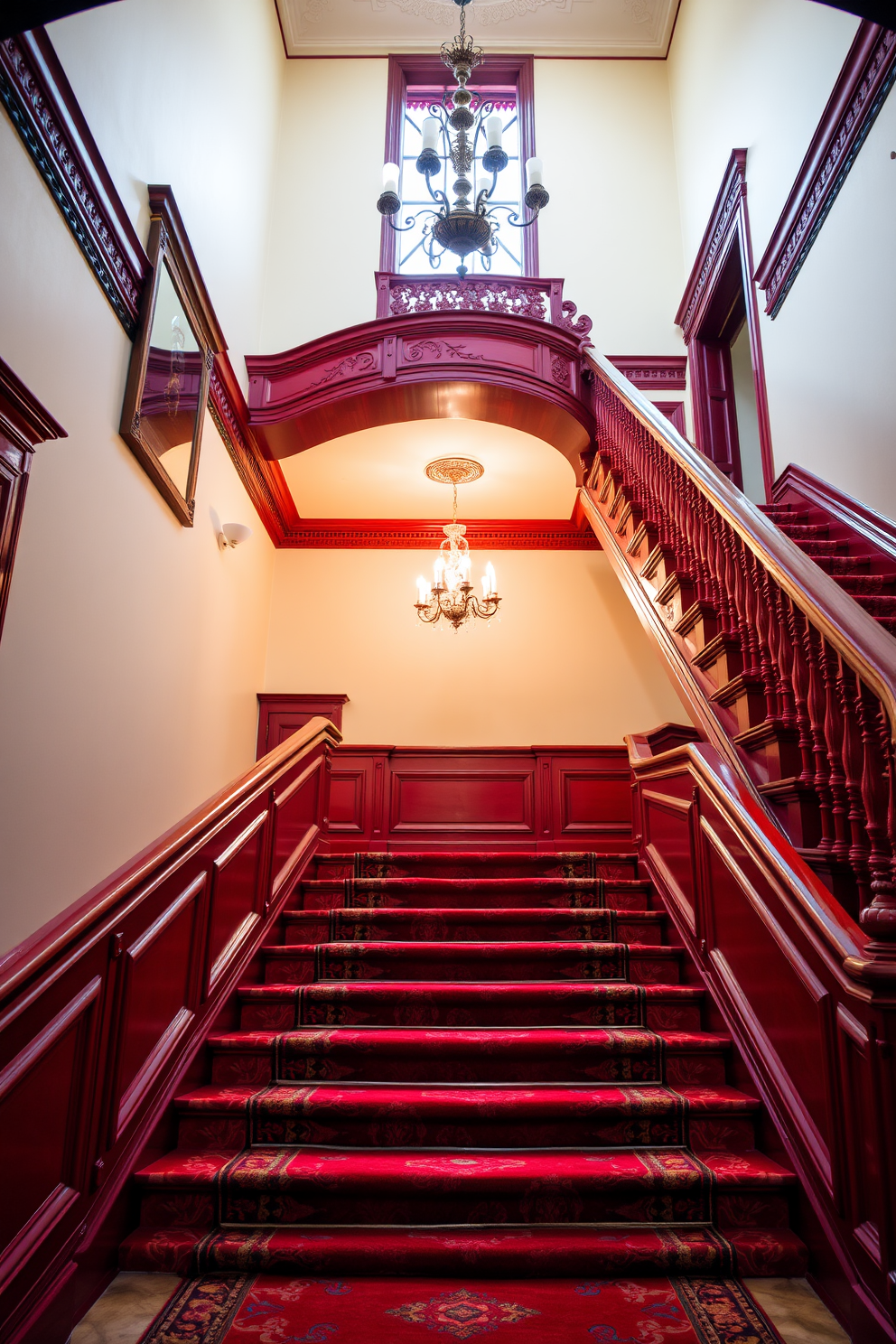 Elegant red staircase with ornate details. The staircase features intricate woodwork and a polished banister, leading to a grand landing adorned with a chandelier. The walls are painted in a soft cream color, which beautifully contrasts with the rich red of the staircase. Elegant carpeting runs along the steps, adding a touch of luxury to the overall design.