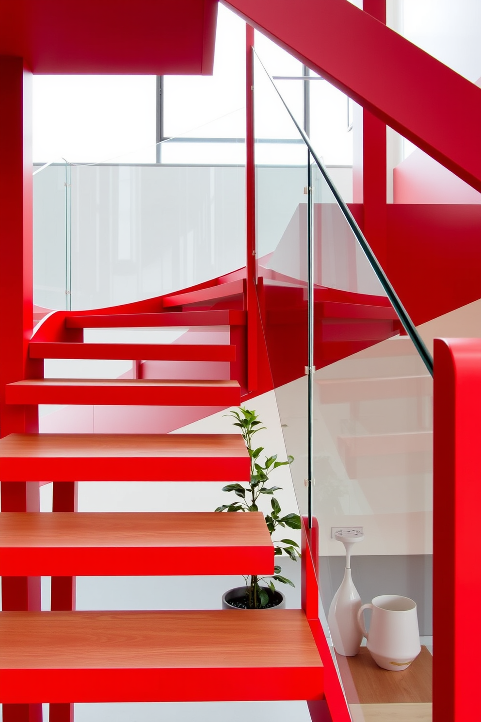 A modern red staircase with a minimalist style features sleek lines and a bold color that creates a striking focal point in the space. The staircase is surrounded by a glass railing that enhances the open feel and allows natural light to flow through. The steps are made of smooth wood with a matte finish, contrasting beautifully against the vibrant red. Below the staircase, a small potted plant adds a touch of greenery, complementing the contemporary aesthetic.