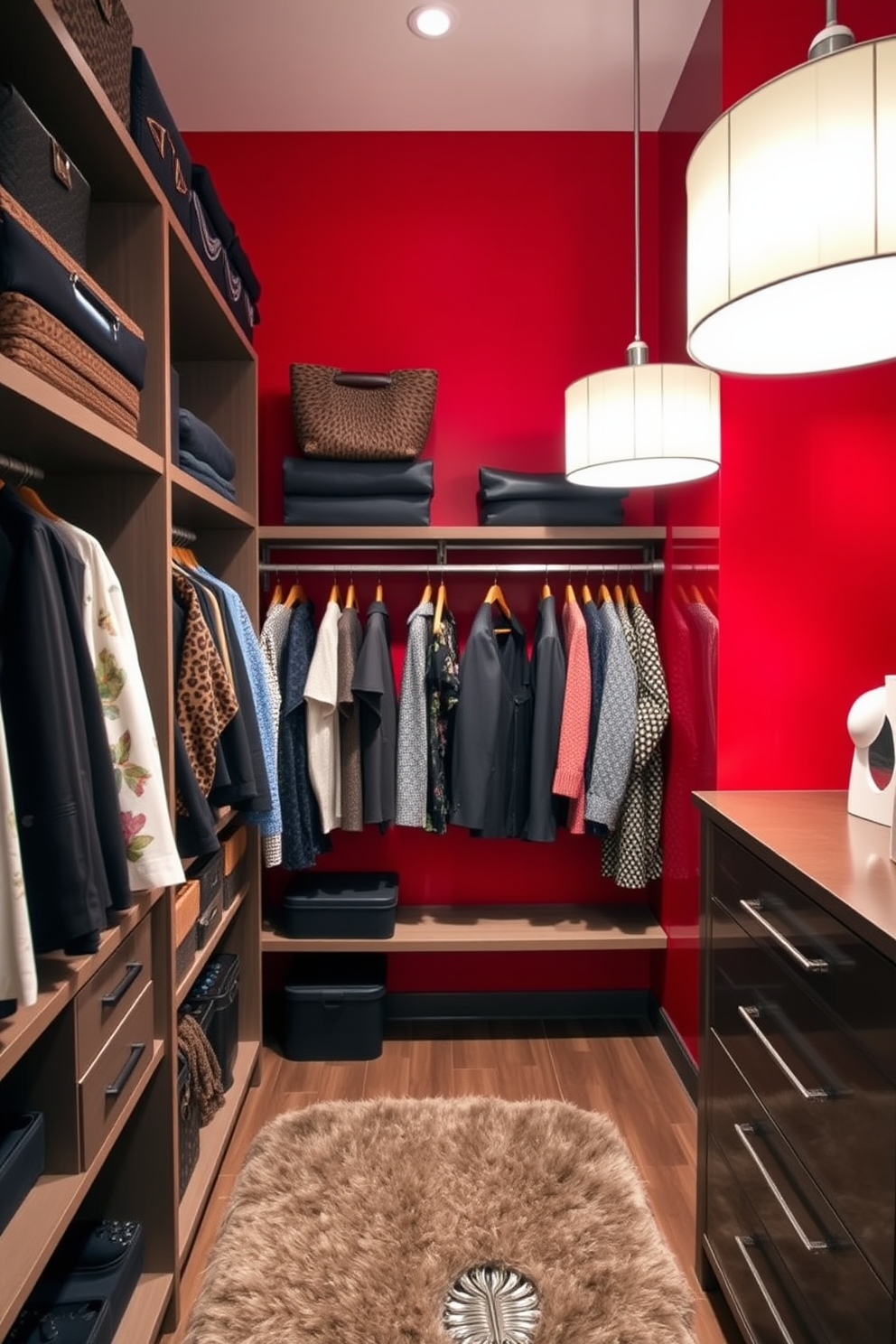 A bold red accent wall creates a dramatic focal point in the walk-in closet. The space features custom shelving and hanging racks, enhancing both style and functionality. Luxurious lighting fixtures illuminate the closet, highlighting the rich textures of the clothing and accessories. A plush area rug adds warmth and comfort underfoot, making the closet a stylish retreat.