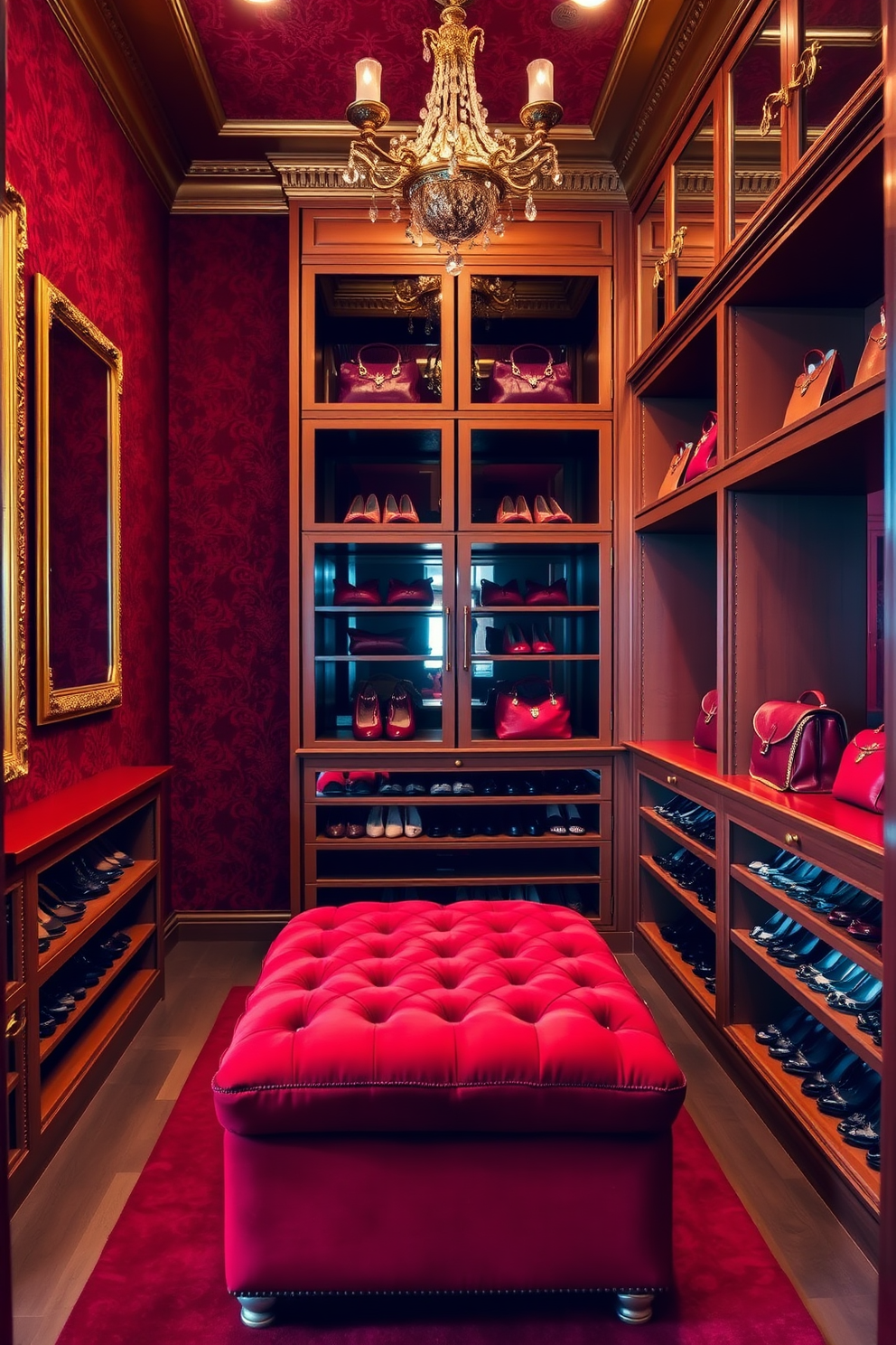 A luxurious walk-in closet features rich red accents that complement the elegant gold accessories throughout the space. The walls are adorned with deep red wallpaper, while gold-framed mirrors reflect the opulence of the room. Custom shelving in a warm wood tone provides ample storage for shoes and handbags, accented by gold hardware. A plush red ottoman sits in the center, inviting relaxation and adding to the sophisticated ambiance.