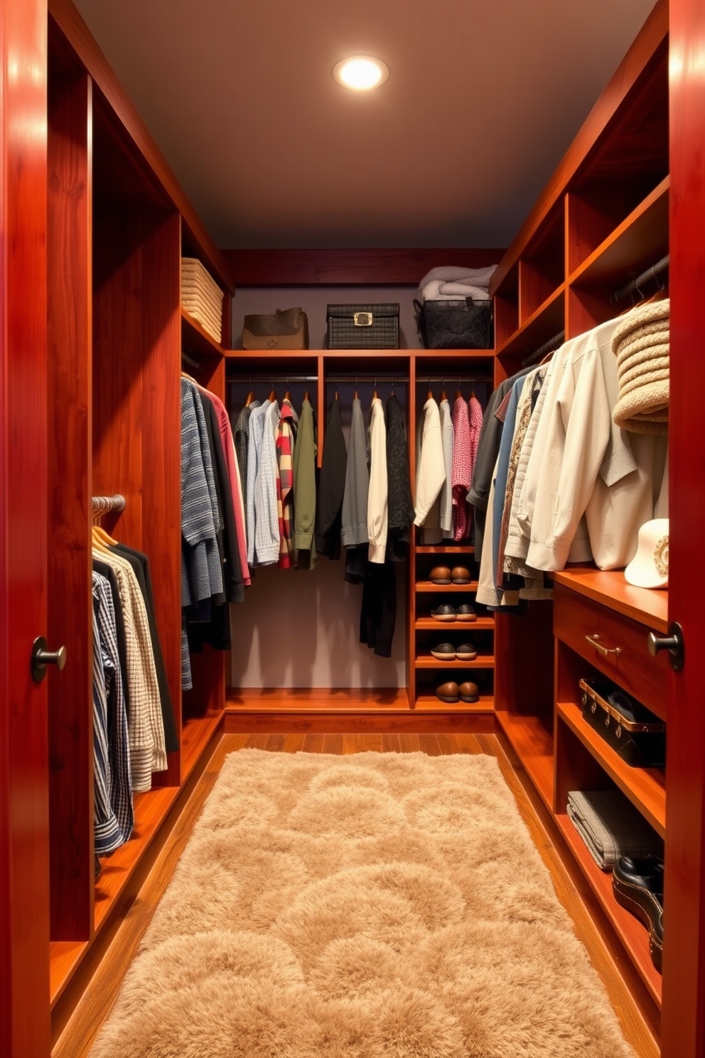 A cozy walk-in closet featuring rustic red wood accents that create a warm and inviting atmosphere. The space is designed with open shelving and hanging rods, showcasing a well-organized collection of clothing and accessories. Soft lighting illuminates the rich wood tones, enhancing the overall charm of the closet. A plush area rug in earthy tones adds comfort underfoot, making it a delightful space to get ready each day.