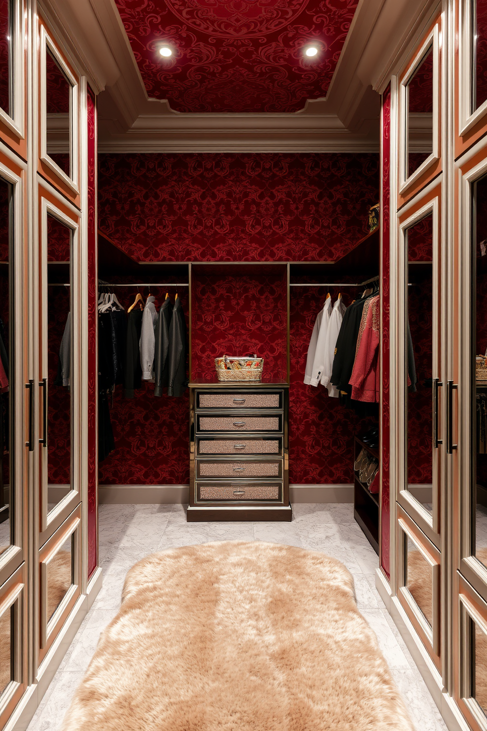 A luxurious walk-in closet featuring rich red wallpaper adorned with intricate patterns. The space includes elegant shelving and hanging areas, complemented by a plush area rug in a contrasting color.