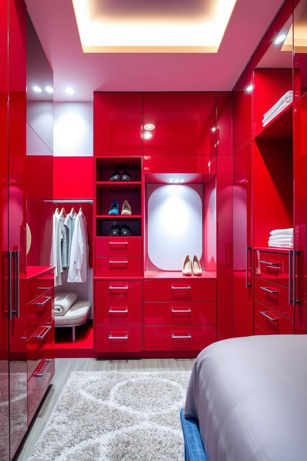 A sleek red walk-in closet features modern drawers that provide ample storage while adding a striking pop of color. The space is illuminated by recessed lighting, highlighting the clean lines and minimalist design of the cabinetry. The closet includes a full-length mirror and stylish shelving to display shoes and accessories. Soft textures and a plush area rug create a comfortable atmosphere, making it a perfect blend of functionality and elegance.