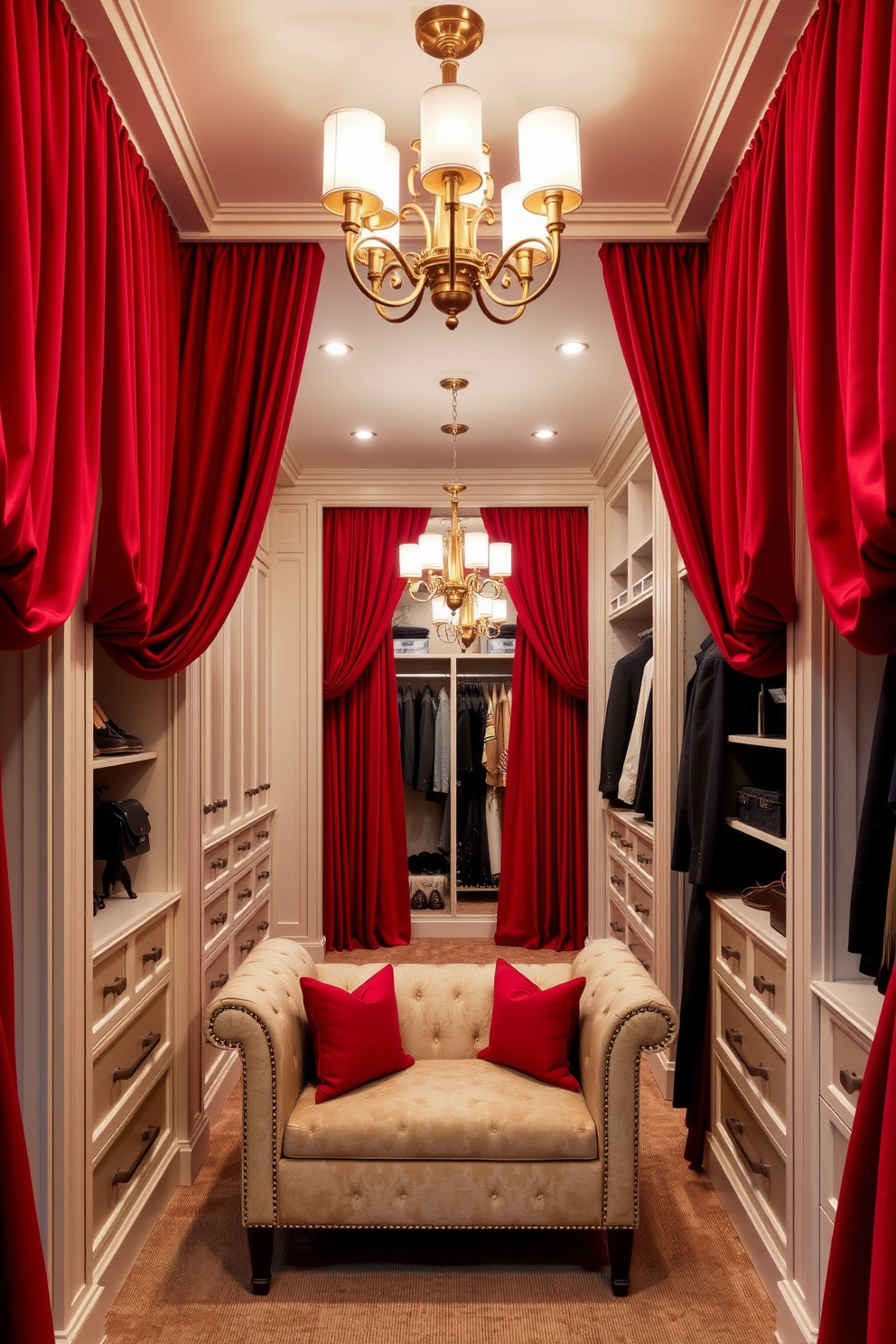 A luxurious walk-in closet adorned with rich red curtains that add a vibrant pop of color. The space features custom shelving units and a plush seating area, creating an inviting atmosphere for dressing and storage. The walls are painted in a soft neutral tone to complement the bold red accents. Elegant lighting fixtures illuminate the space, enhancing the overall sophistication of the design.