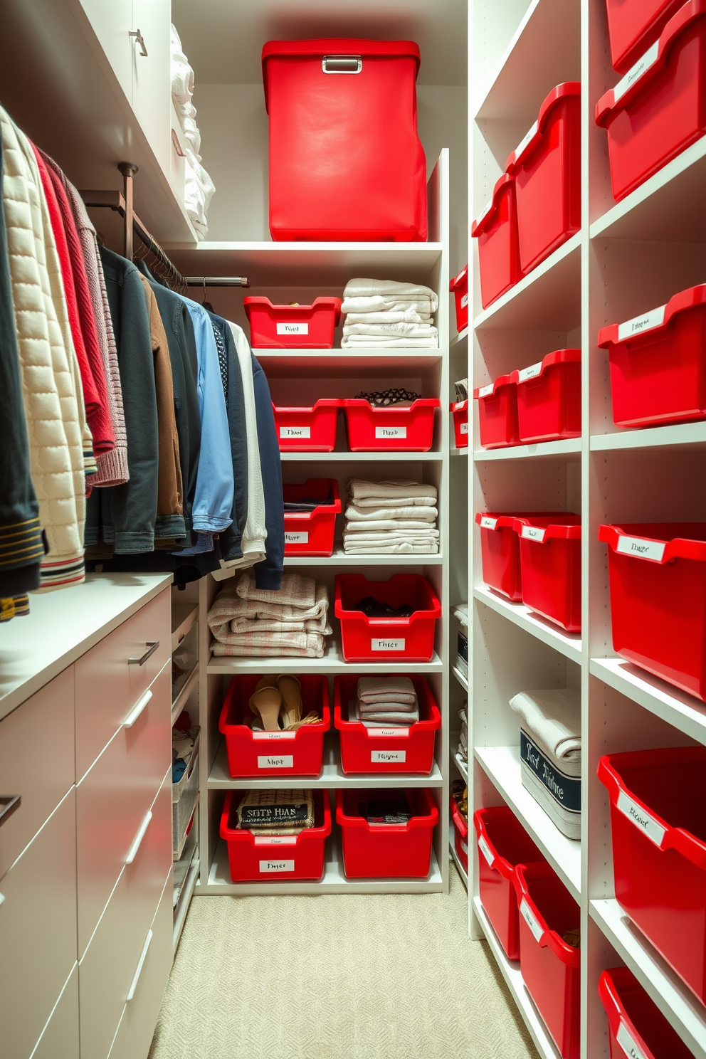 Organized red bins for efficient storage create a vibrant and functional atmosphere in a walk-in closet. Each bin is labeled for easy access, ensuring that clothing and accessories are neatly arranged and readily available. Red walk-in closet design ideas feature sleek shelving units that complement the bold color of the bins. Soft lighting enhances the space, adding warmth and making it easy to find what you need while showcasing the organized design.