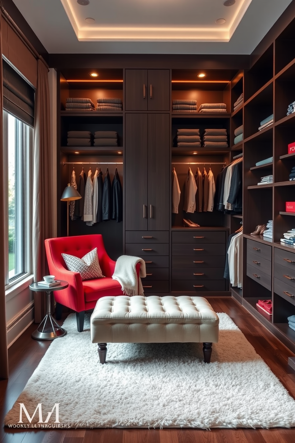 A cozy reading nook featuring a red accent chair positioned by a large window. The chair is complemented by a small side table and a soft throw blanket draped over the armrest. A luxurious walk-in closet designed with ample shelving and hanging space. The closet features elegant lighting, a plush area rug, and a stylish ottoman in the center for comfort.