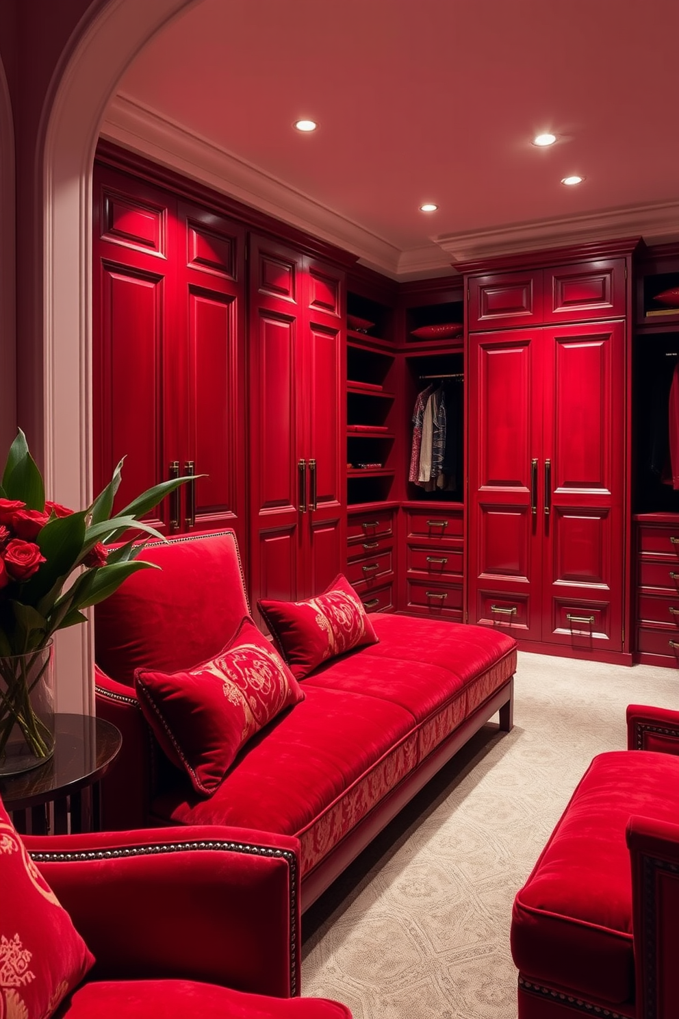 Luxe red upholstery for seating areas. The seating features plush red velvet cushions with intricate gold detailing, creating an inviting and opulent atmosphere. Red Walk-In-Closet Design Ideas. The closet showcases rich red cabinetry with elegant brass hardware, complemented by soft ambient lighting that highlights the luxurious finishes.