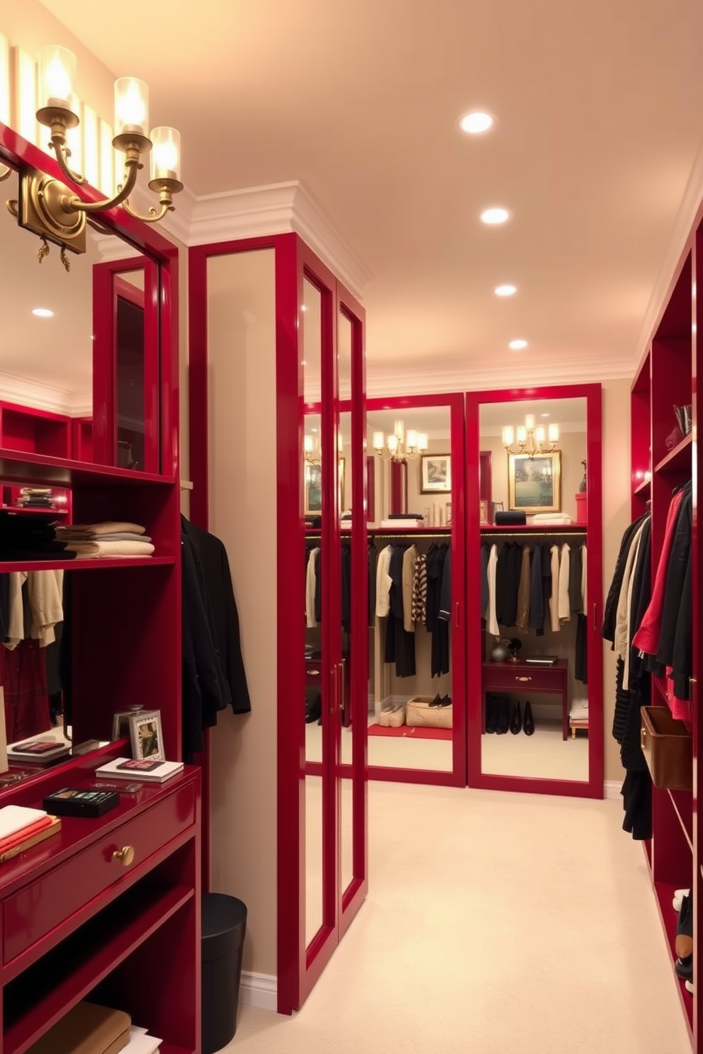 A spacious walk-in closet featuring red framed mirrors that enhance the sense of openness. The closet is designed with ample shelving and hanging space, complemented by elegant lighting fixtures that create a warm ambiance. The walls are painted in a soft neutral tone to contrast with the vibrant red mirrors. Stylish accessories and organized storage solutions add functionality while maintaining a chic aesthetic.