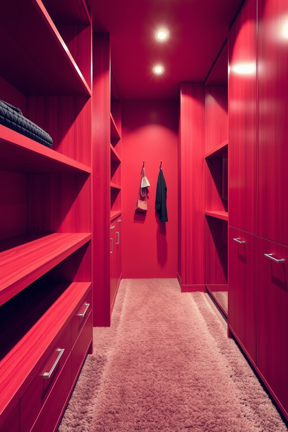 A stylish red walk-in closet features sleek wooden shelves and a plush carpet. The space is illuminated by soft lighting, highlighting the vibrant red hooks that elegantly display accessories.