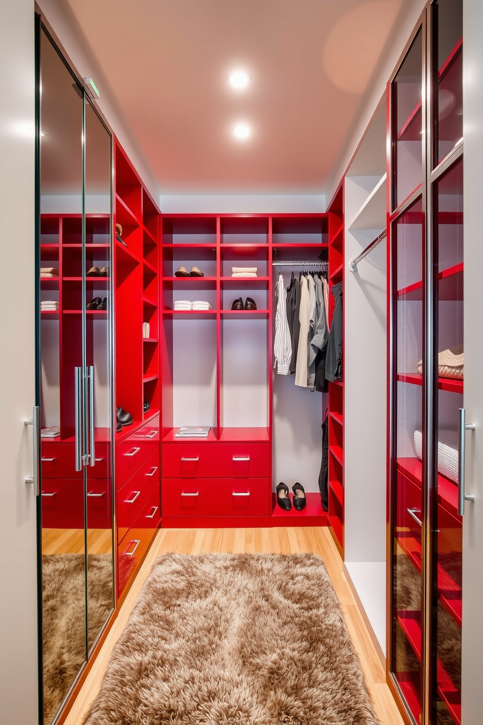 A modern walk-in closet featuring vibrant red shelving units that provide stylish storage solutions. The shelving is complemented by sleek metallic accents and a plush area rug in a neutral tone to balance the bold color. The design includes ample hanging space and organized compartments for shoes and accessories. Soft lighting fixtures enhance the overall ambiance, creating an inviting and functional space.