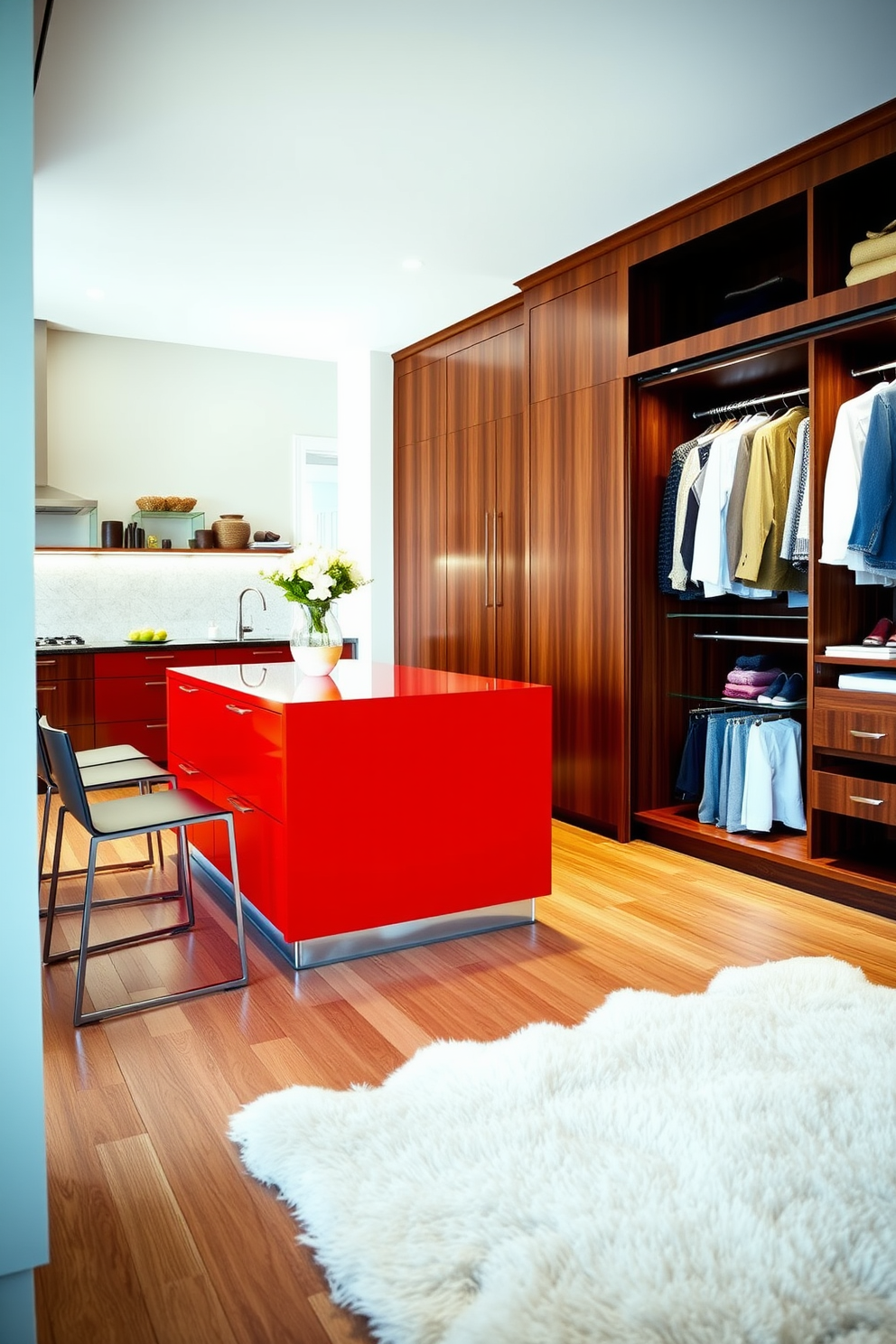 A vibrant red kitchen island provides additional workspace and serves as a focal point in the room. Surrounding the island are sleek bar stools, complementing the modern aesthetic of the kitchen. The walk-in closet features custom shelving and hanging space, elegantly designed in a rich wood finish. Soft lighting enhances the luxurious feel, while a plush area rug adds warmth to the space.