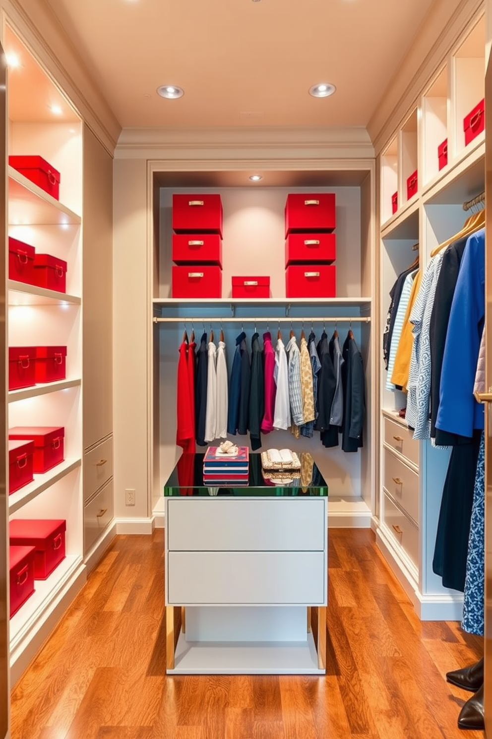 A chic walk-in closet featuring red decorative boxes for stylish organization. The boxes are neatly arranged on shelves, adding a pop of color against the soft beige walls and elegant wooden flooring. The closet includes ample hanging space for clothes, with a stylish island in the center for accessories. Soft lighting illuminates the space, highlighting the luxurious finishes and creating a warm, inviting atmosphere.