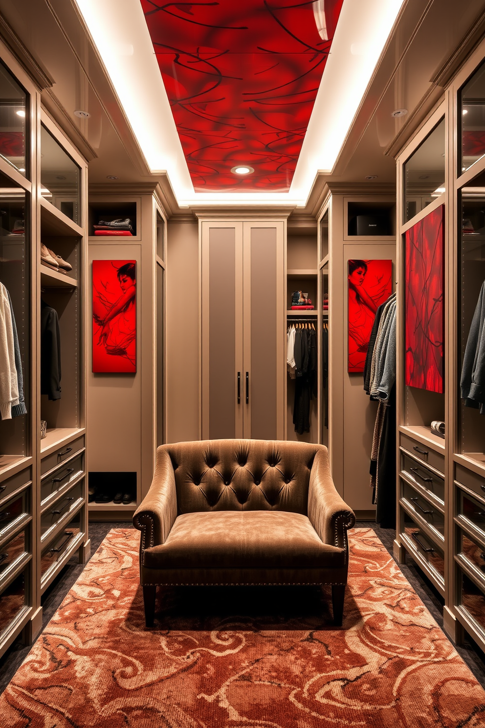 A luxurious walk-in closet featuring vibrant red artwork on the walls to add character and warmth. The space includes custom shelving and hanging areas, with a plush seating area in the center for comfort and style.