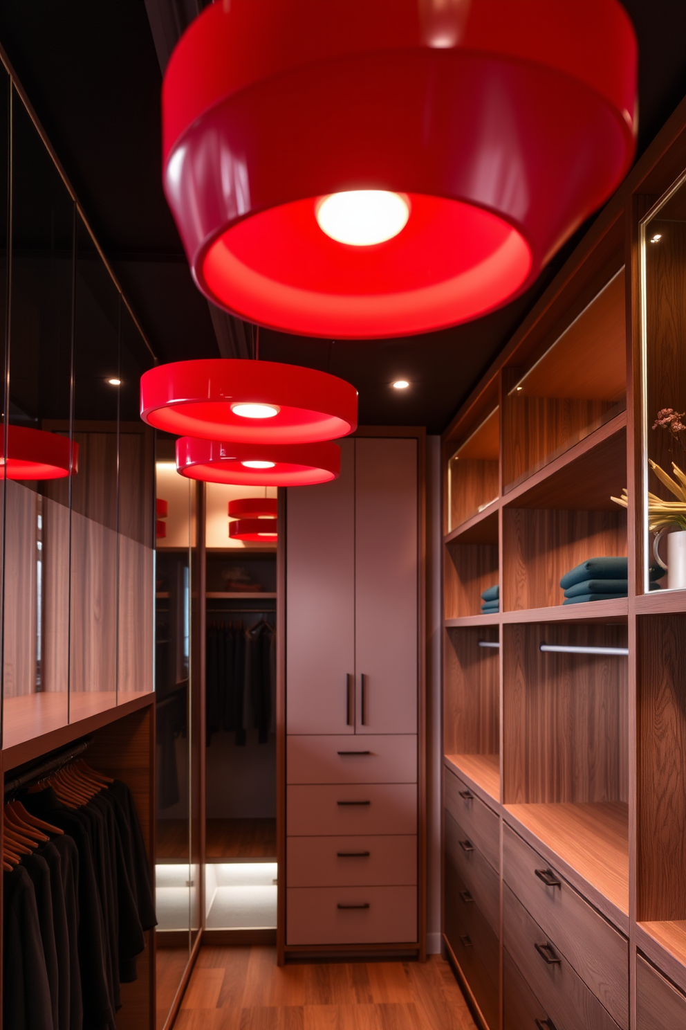 Contemporary red lighting fixtures create a vibrant atmosphere in the space. The fixtures are sleek and modern, casting a warm glow that enhances the overall aesthetic. The walk-in closet features a spacious layout with custom shelving and hanging options. Rich wood tones and soft lighting complement the red accents, providing a stylish and functional storage solution.