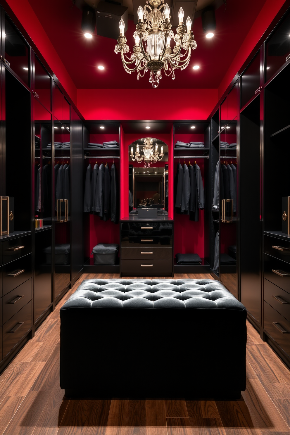 A luxurious walk-in closet featuring a striking red and black color scheme. The walls are adorned in a deep red hue, complemented by sleek black cabinetry and shelving. The center of the space showcases a plush black ottoman for seating. Elegant lighting fixtures illuminate the area, adding a touch of glamour to the sophisticated design.