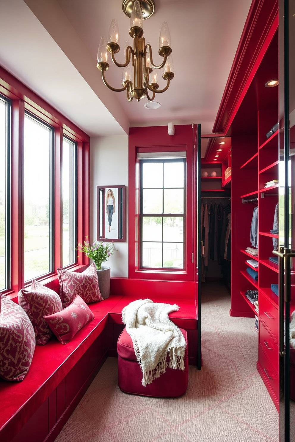 A cozy reading nook features red built-in seating with plush cushions and a soft throw blanket. Large windows allow natural light to flood the space, enhancing the inviting atmosphere. The walk-in closet showcases a bold red color scheme with custom shelving and ample storage. Elegant lighting fixtures illuminate the space, creating a luxurious and organized environment for clothing and accessories.