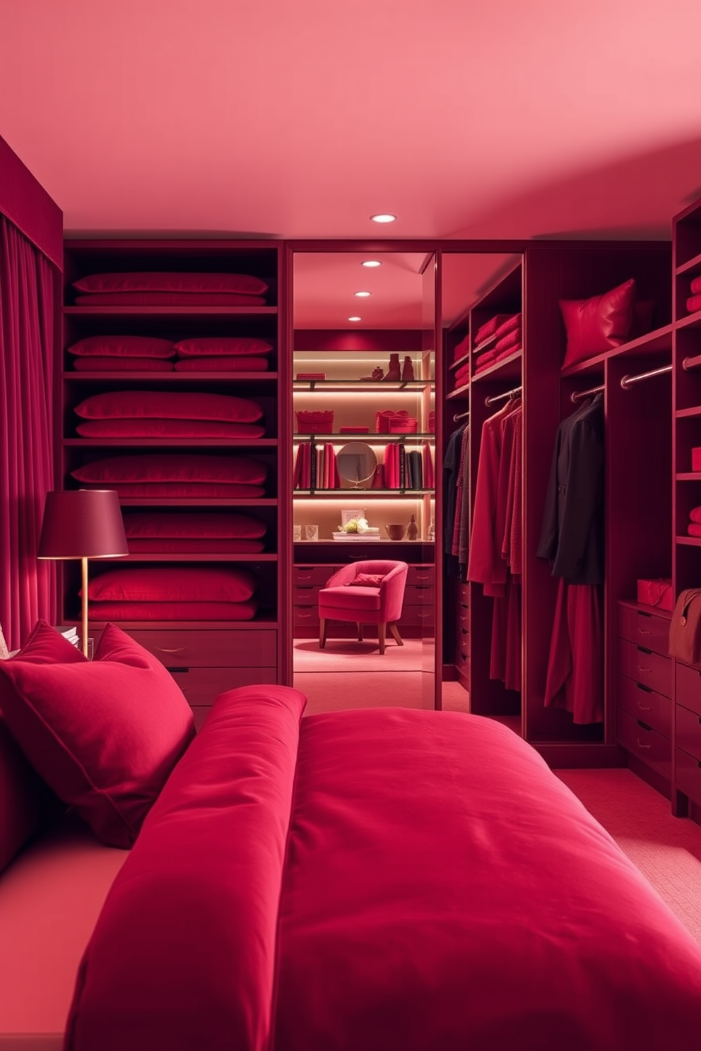 Layered red textiles create a warm and inviting atmosphere in the space. The rich hues add depth and sophistication, making the room feel both luxurious and cozy. The walk-in closet features a bold red color scheme with plush textiles and elegant storage solutions. Thoughtfully designed shelving and hanging space complement the vibrant aesthetic, creating an organized yet stylish retreat.