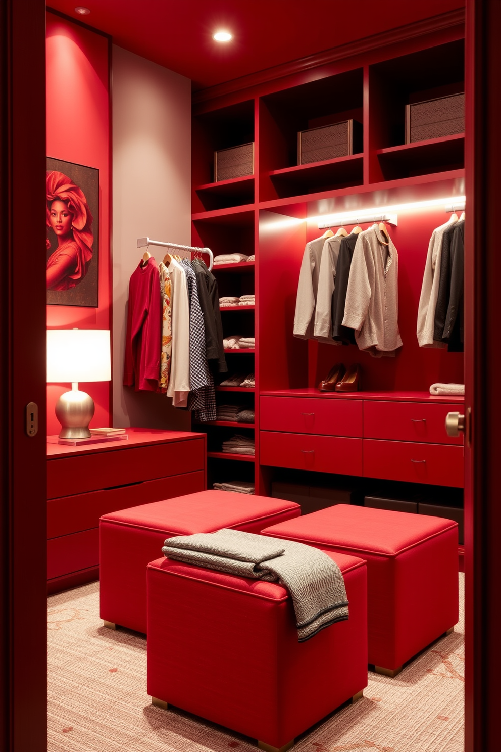 Functional red storage ottomans for versatility. These ottomans are designed with a sleek red fabric that complements various interior styles while providing ample storage space inside. Red walk-in-closet design ideas. The closet features custom shelving and hanging space, accented by stylish lighting that highlights the rich red tones throughout the space.