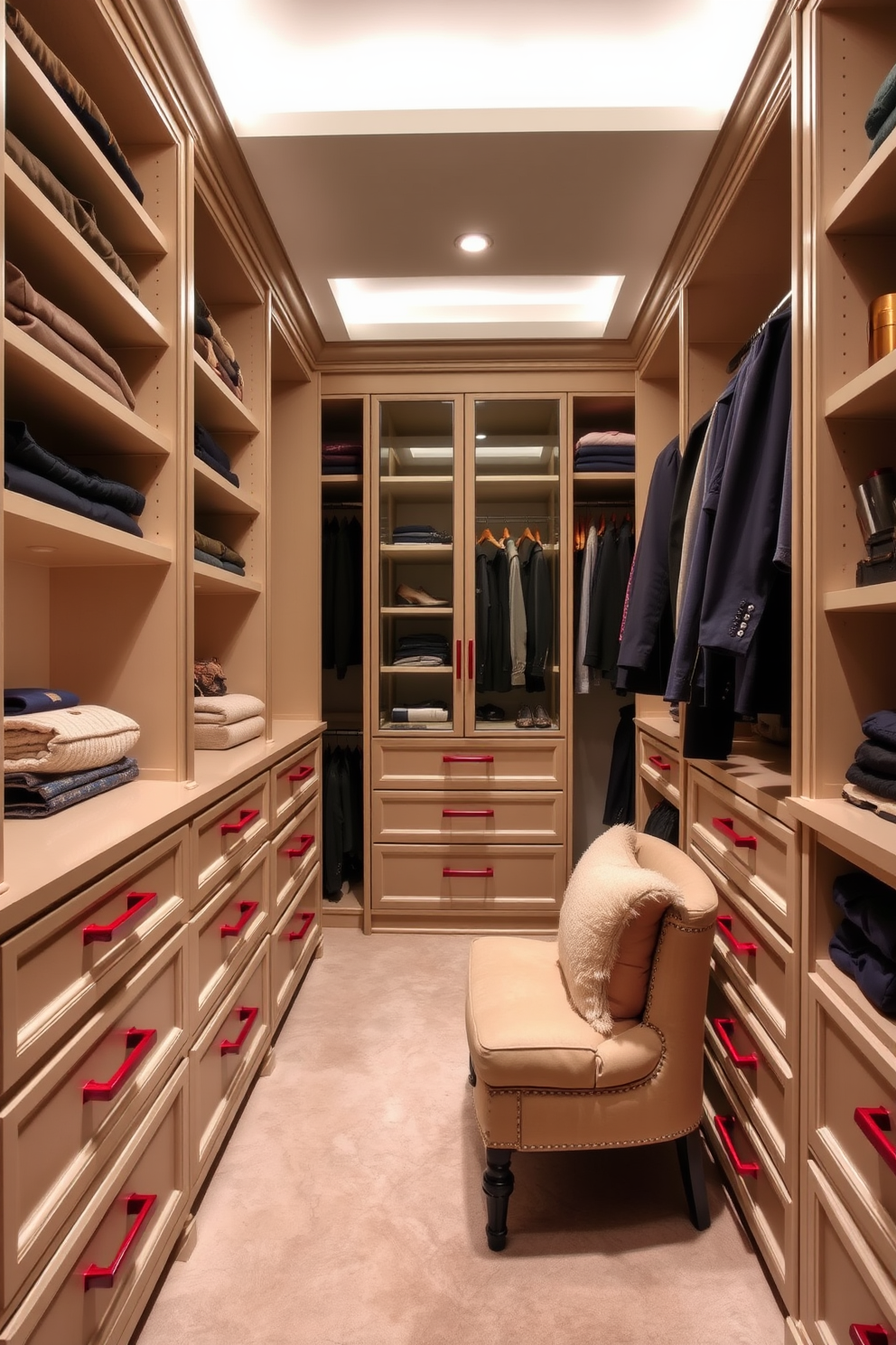 A luxurious walk-in closet featuring elegant red accents on the drawer pulls. The space is designed with custom shelving, ample lighting, and a plush seating area for a refined touch.