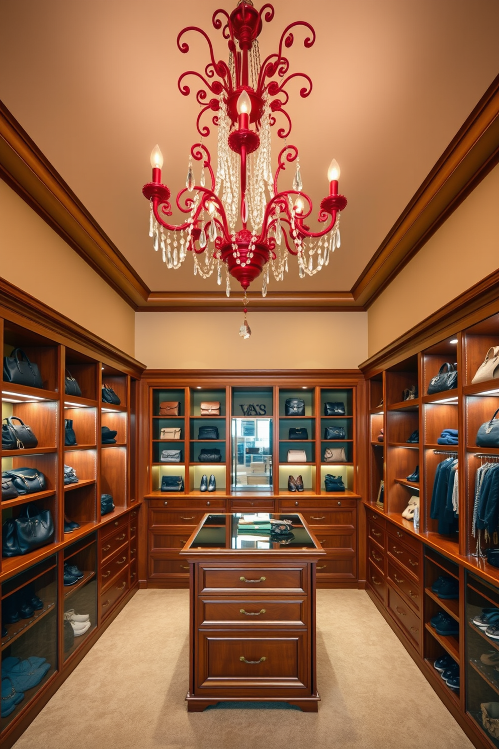 An elegant red chandelier hangs gracefully from the ceiling, casting a warm and inviting glow throughout the room. Its intricate design features crystal accents that reflect light beautifully, enhancing the luxurious atmosphere. The walk-in closet is designed with rich wooden cabinetry and plush carpeting, creating a sophisticated space for storage. Shelves are lined with designer handbags and shoes, while a central island provides additional surface area for accessories and jewelry display.