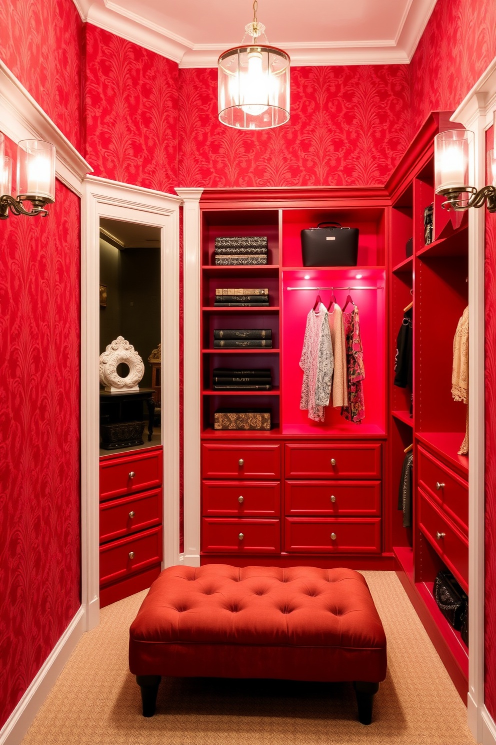 Chic red wallpaper for a bold statement. The wallpaper features a subtle damask pattern that adds texture and depth to the space. Red walk-in-closet design ideas. The closet includes custom shelving, a plush ottoman, and elegant lighting to create a luxurious dressing area.