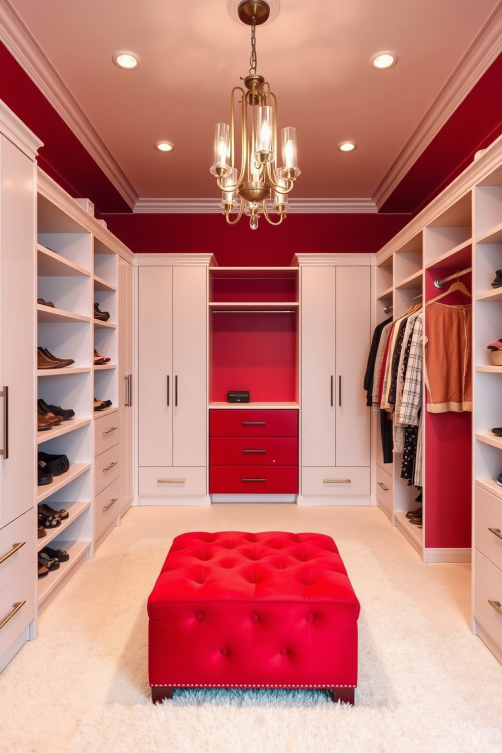 A luxurious walk-in closet featuring a bold red and white color scheme. The walls are painted a vibrant red, complemented by sleek white shelving and cabinetry that provide ample storage space. Elegant lighting fixtures hang from the ceiling, casting a warm glow over the plush white carpet underfoot. A stylish red ottoman sits in the center, offering a chic seating area for trying on shoes and accessories.