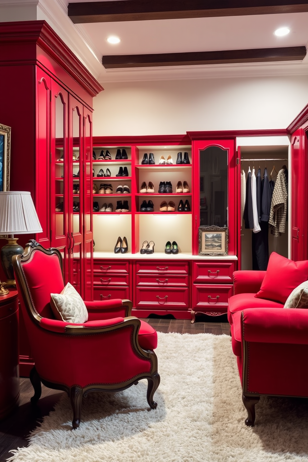 A vintage red furniture set adds a classic touch to the space. The room features an elegant armchair and a matching sofa, both upholstered in rich red fabric, complemented by antique wooden accents. The walk-in closet is designed with vintage red cabinetry and soft lighting. Shelves are neatly organized, showcasing a collection of shoes and accessories, while a plush area rug adds warmth to the room.