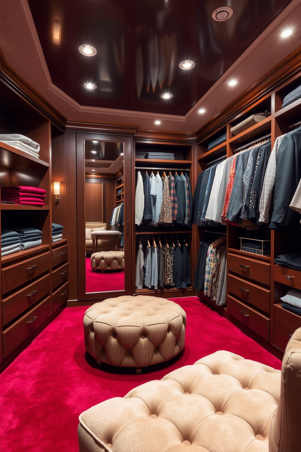 A luxurious walk-in closet featuring deep red carpeting that adds warmth and comfort to the space. Shelves lined with neatly folded designer clothes complement the elegant ambiance, while a plush ottoman invites relaxation. Soft lighting fixtures illuminate the room, enhancing the rich hues of the cabinetry and accessories. A full-length mirror reflects the stylish organization, creating a perfect blend of functionality and opulence.