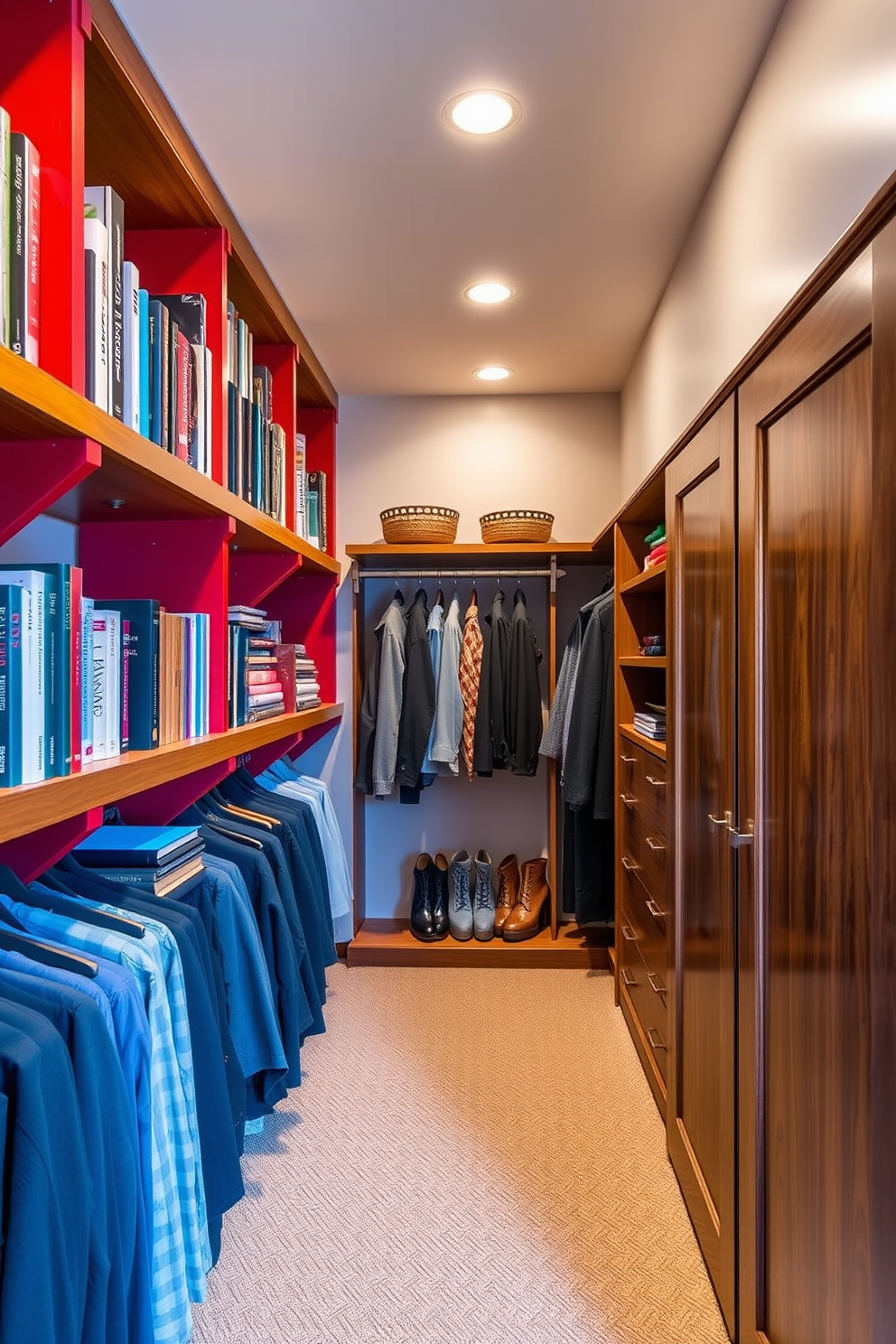 Open shelving with red brackets adds a bold touch to any space. The shelves are filled with neatly arranged books and decorative items, creating a vibrant focal point. The walk-in closet features ample storage with custom-built cabinetry. Soft lighting highlights the rich wood finishes and plush carpeting, making it a luxurious retreat for organizing clothing and accessories.