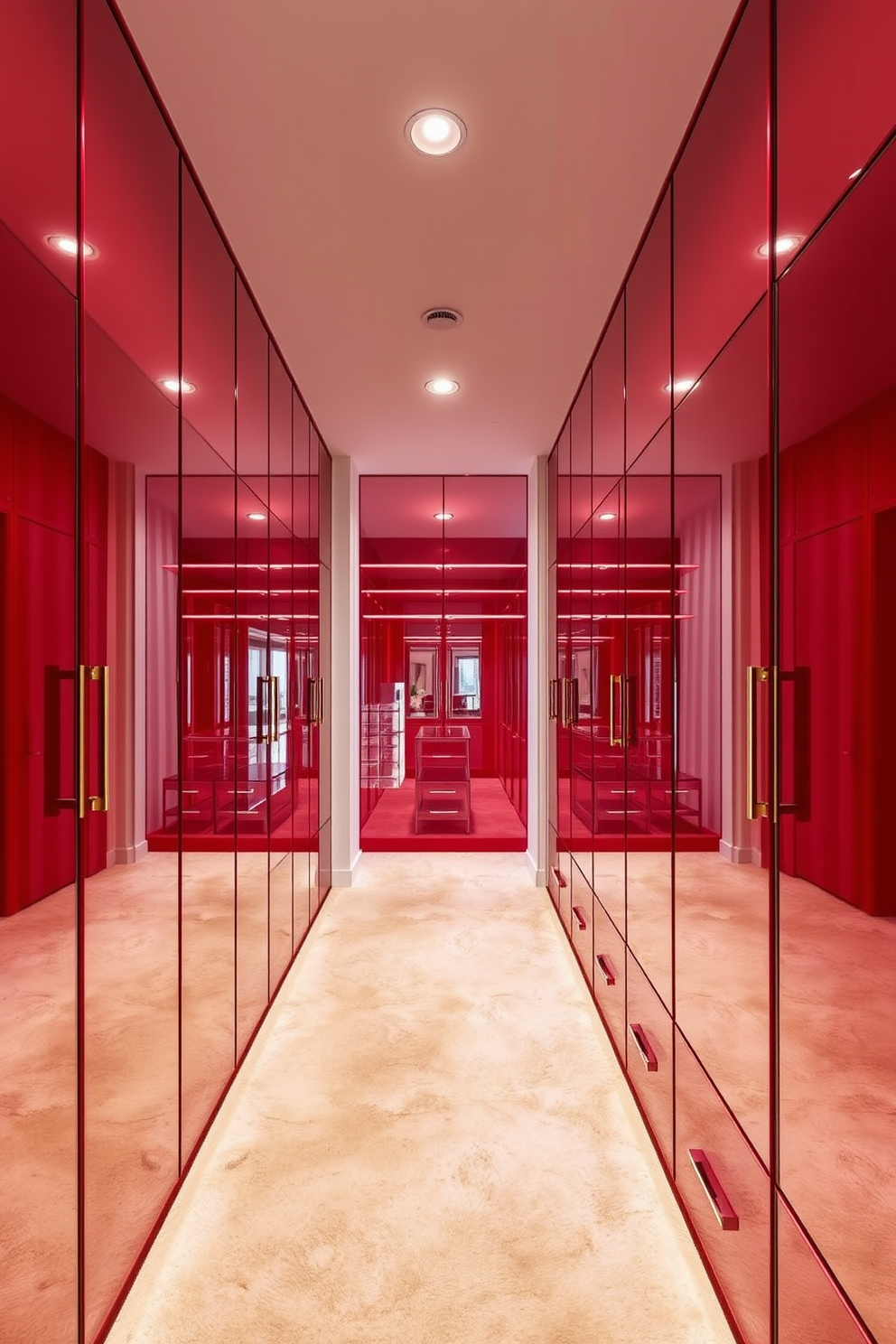 A chic walk-in closet featuring red mirrored cabinets that reflect light beautifully. The cabinets are styled with sleek handles and organized shelves for an elegant and functional space. The floor is adorned with a plush cream carpet that complements the bold red cabinetry. Soft lighting fixtures illuminate the area, creating a warm and inviting atmosphere.