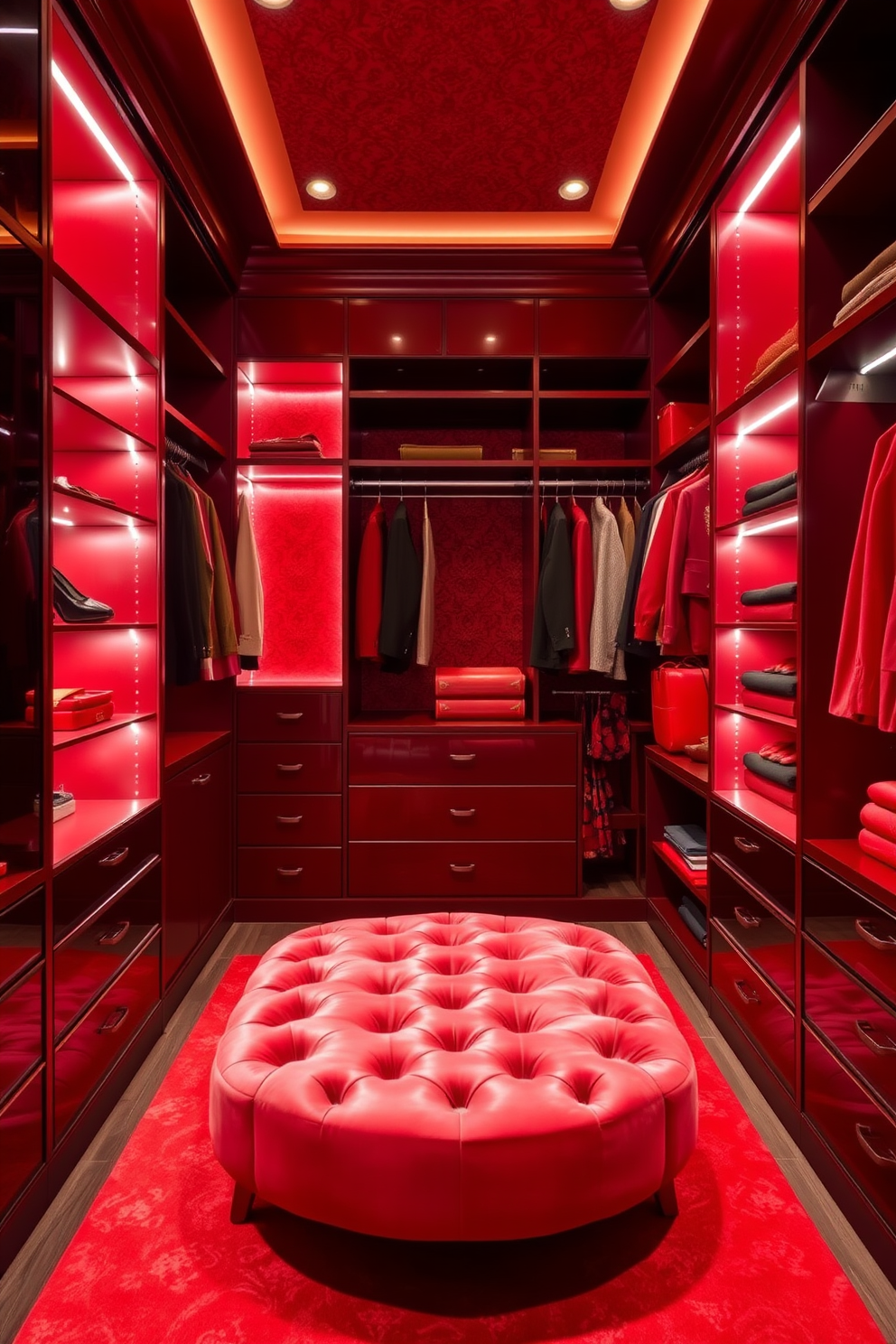 A luxurious walk-in closet featuring rich red accents throughout the space. The walls are adorned with deep red wallpaper, while accent lighting casts a warm glow on the elegant shelving and hanging areas. A plush velvet ottoman in a complementary shade of red sits in the center, providing a stylish seating option. The closet is organized with a mix of open shelving and closed cabinetry, all enhanced by strategically placed LED lights that highlight the vibrant red features.