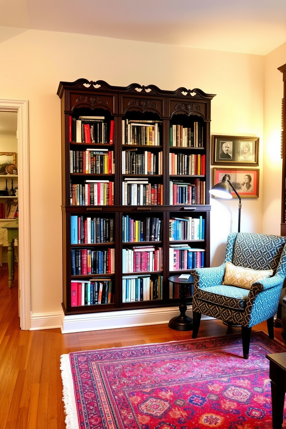 Charming vintage bookshelves filled with an eclectic collection of books stand against a wall in a cozy retro apartment. The shelves are made of dark wood with intricate carvings, and a comfortable reading nook with a patterned armchair and a small side table is situated nearby. Soft, warm lighting illuminates the space, creating an inviting atmosphere. A colorful rug lies on the hardwood floor, complementing the retro decor with vibrant patterns and textures.