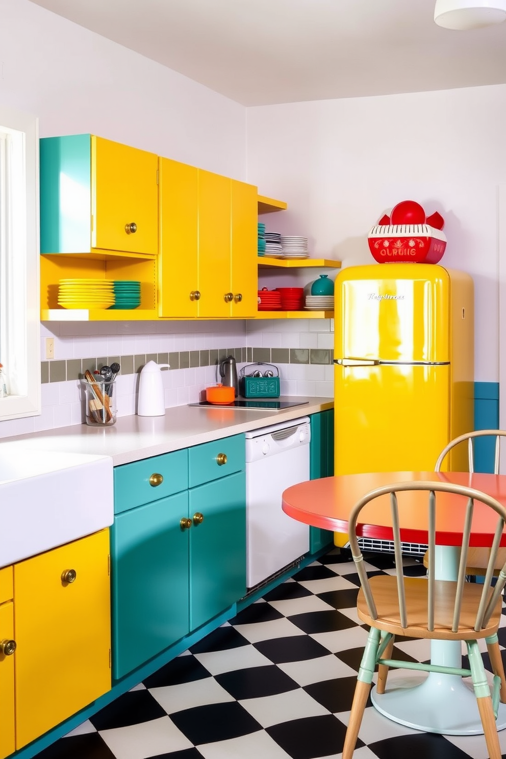 Colorful cabinets with vintage hardware create a lively and inviting atmosphere in a retro kitchen. The cabinets are painted in vibrant hues like teal and sunny yellow, complemented by charming brass knobs and handles that add character to the space. A classic checkered floor in black and white enhances the nostalgic vibe, while a retro-style refrigerator stands prominently against the wall. Open shelving displays colorful dishware, and a cozy dining nook features a round table with mismatched chairs, perfect for casual meals.