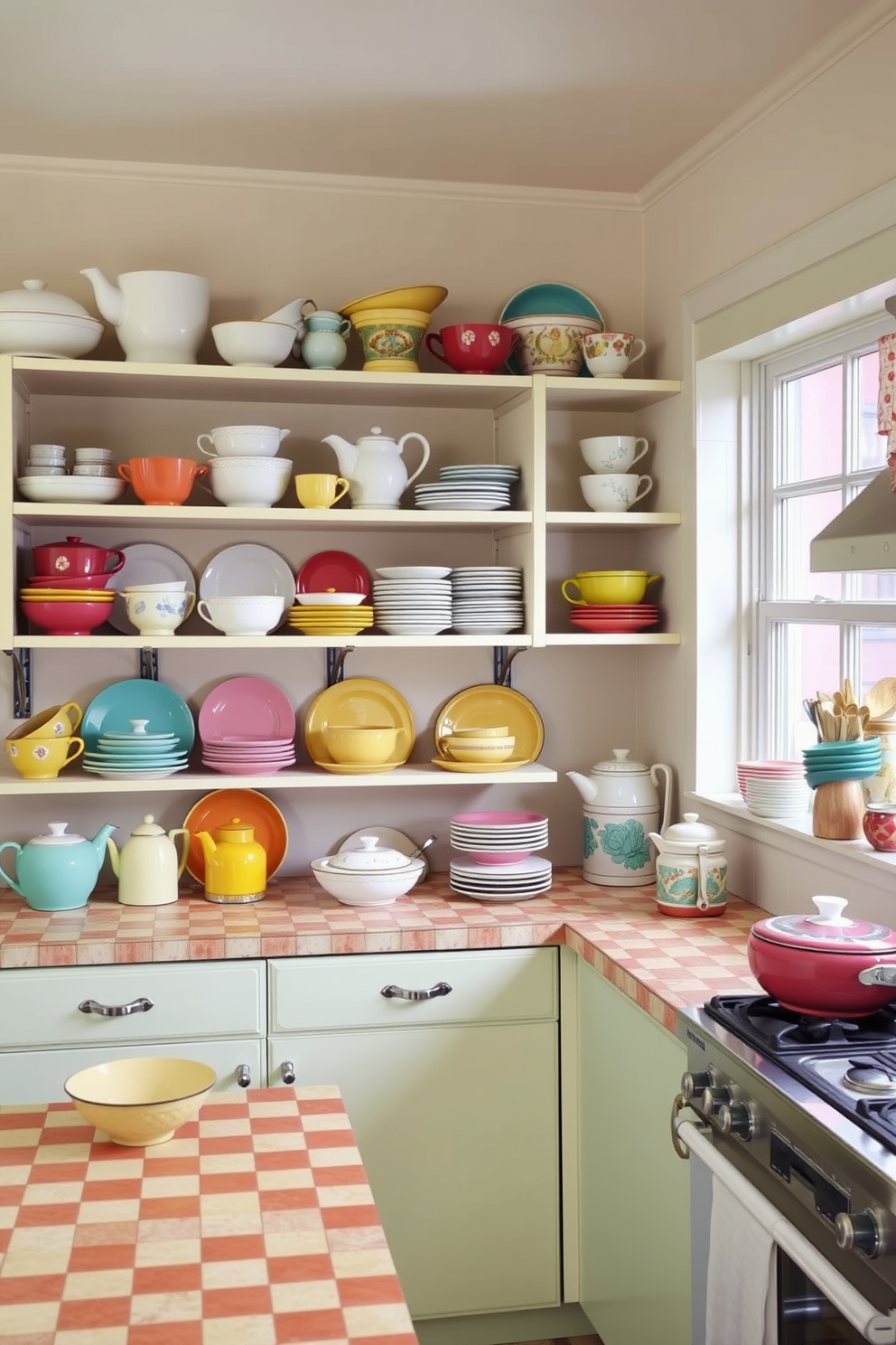 A charming retro kitchen filled with an eclectic mix of vintage dishes displayed on open shelves. The walls are painted in a soft pastel color, and the countertops feature a classic checkered pattern that complements the vibrant dishware.