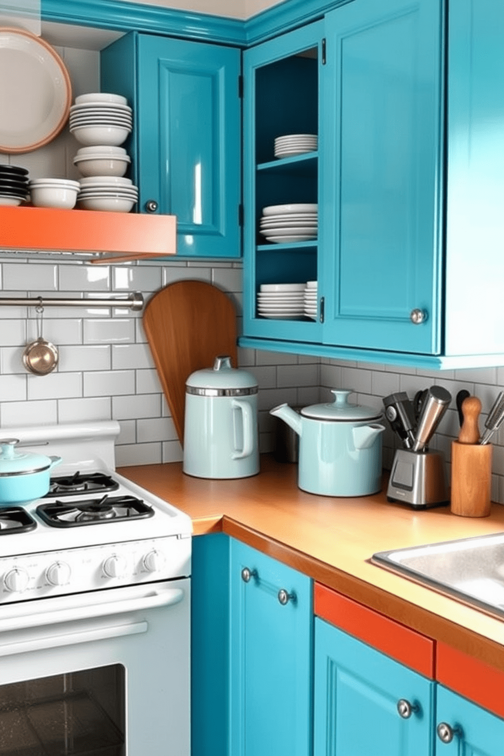 A retro kitchen featuring classic enamelware with a vibrant color palette. The cabinets are painted in a cheerful pastel blue, complemented by a white subway tile backsplash and vintage-inspired appliances.