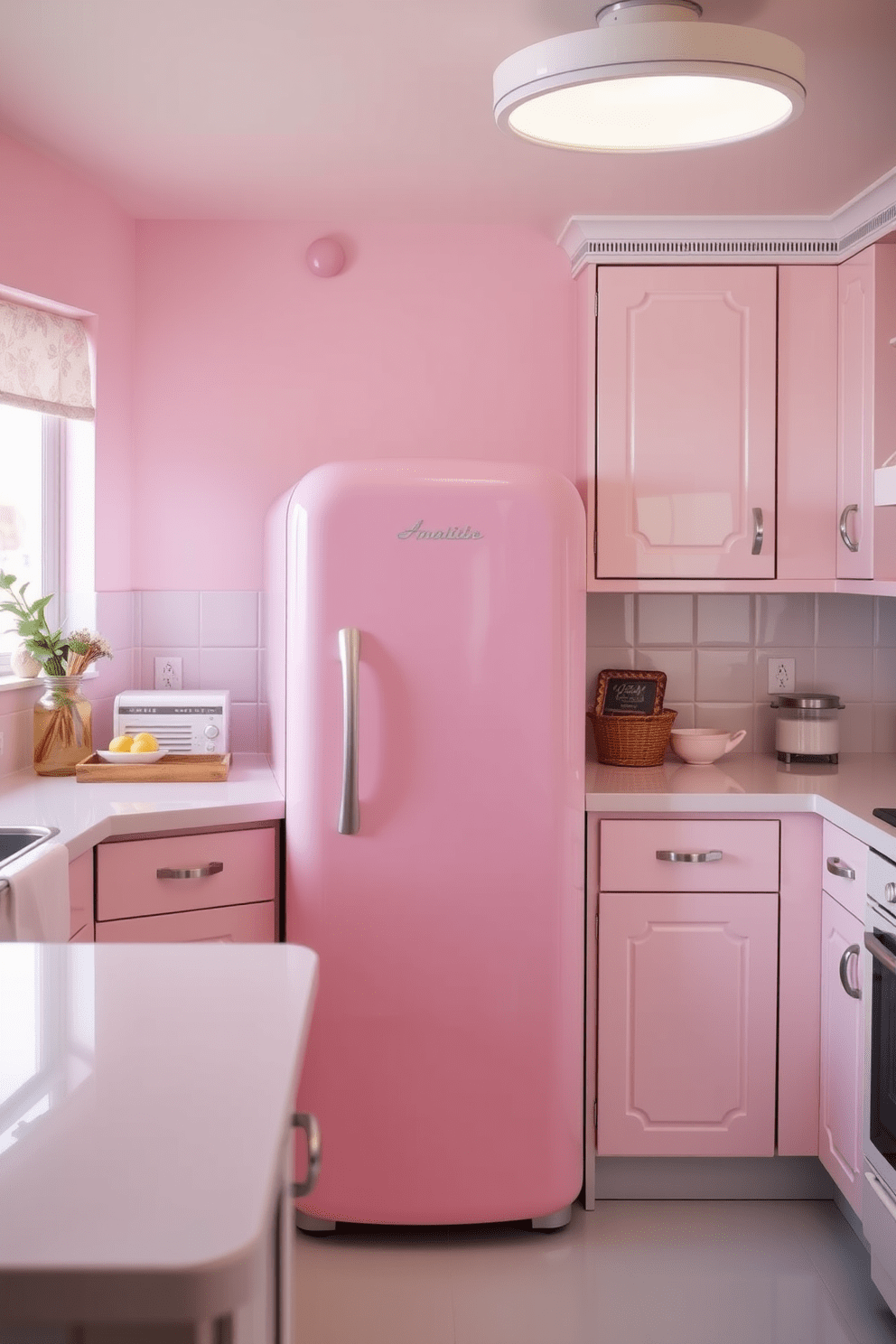 A retro kitchen featuring a fridge with rounded edges in soft pastel hues. The cabinetry is painted in a complementary pastel color, and the countertops are made of glossy white laminate.