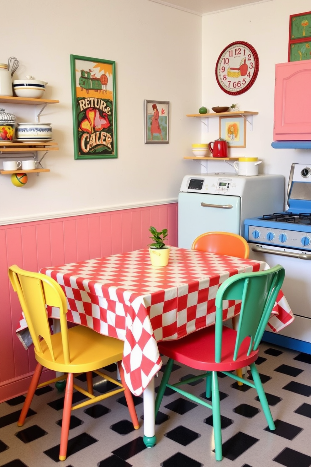 A charming retro kitchen setting with a small dining table covered by a checkerboard tablecloth. The table is surrounded by colorful vintage chairs, and the walls are adorned with retro kitchenware and cheerful artwork.