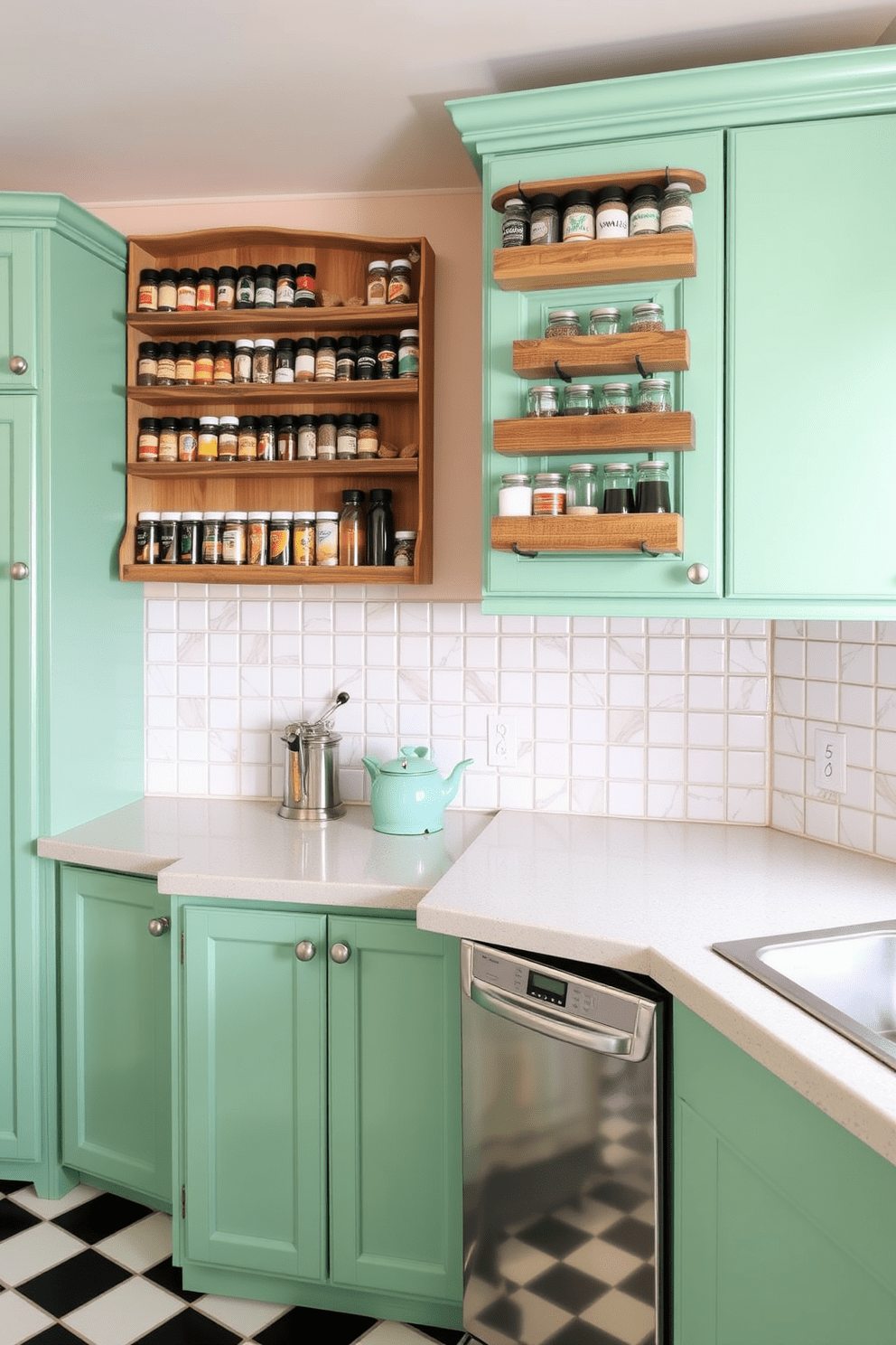 A retro kitchen design featuring wall-mounted spice racks for easy access. The spice racks are made of reclaimed wood, adding a warm touch to the vibrant color scheme of the kitchen. The cabinets are painted in a cheerful mint green, complemented by vintage-style hardware. A classic checkered floor in black and white enhances the nostalgic atmosphere of the space.