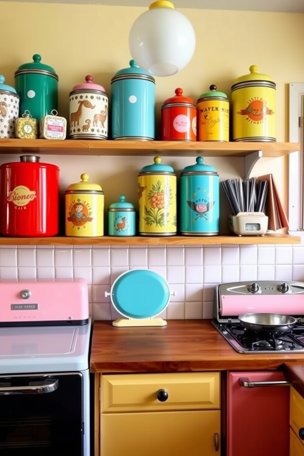 A charming retro kitchen featuring decorative canisters in vibrant colors and playful patterns. The canisters are displayed on open shelves above a vintage wooden countertop, complemented by retro-style appliances in pastel hues.