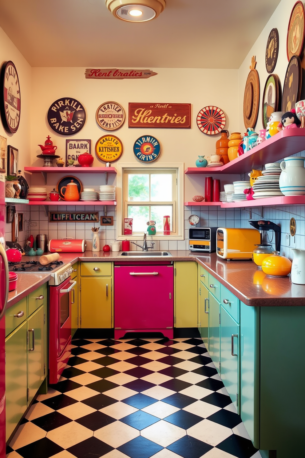 A retro kitchen featuring vintage signs and artwork on the walls creates a nostalgic atmosphere. The cabinetry is painted in cheerful pastel colors, complemented by a classic checkered floor. The countertops are adorned with retro appliances in vibrant hues, enhancing the playful aesthetic. Open shelving displays eclectic dishware and vintage collectibles, adding character to the space.