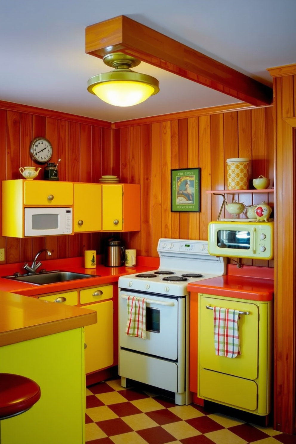 A cozy retro kitchen with warm wood paneling covering the walls. The cabinetry features rounded edges and vibrant colors, complemented by a checkered floor and vintage appliances.