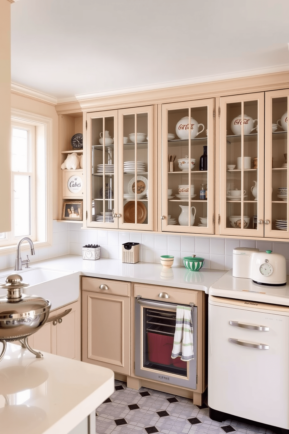 A charming retro kitchen featuring classic glass-front cabinets that elegantly showcase a variety of collectibles. The cabinets are painted in a soft pastel color, complementing the vintage appliances and patterned tiles that add character to the space.