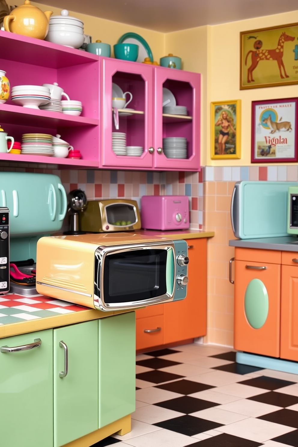 A retro-style microwave features a vibrant pastel color with rounded edges and chrome accents. It is placed on a vintage-style countertop adorned with colorful tiles and surrounded by retro kitchen appliances. The kitchen design incorporates checkerboard flooring and open shelving displaying nostalgic dishware. Brightly colored cabinets and playful wall art complete the cheerful retro aesthetic.