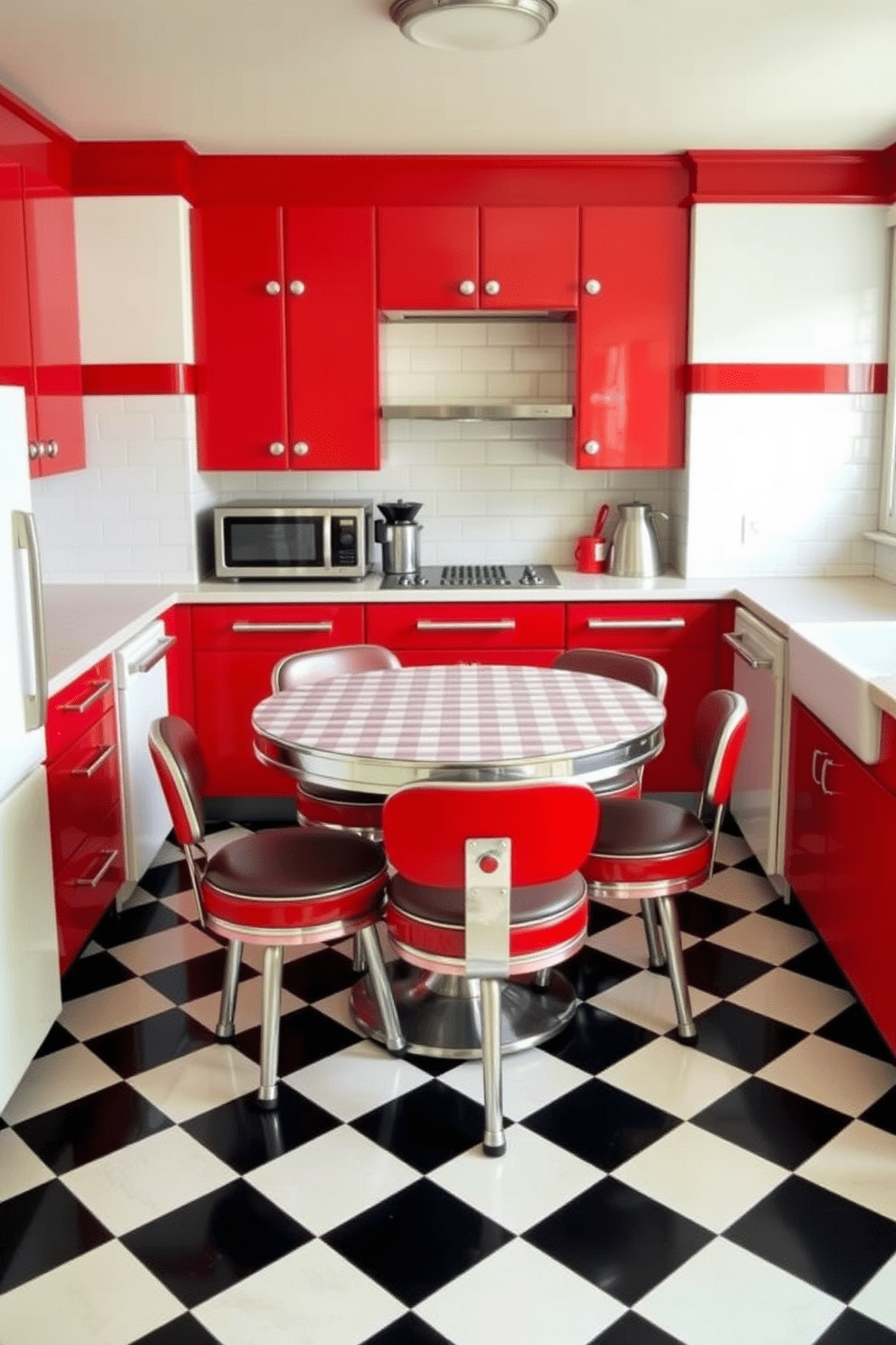 A retro kitchen setting featuring checkered floor tiles in black and white. The cabinets are painted in a vibrant shade of red, complemented by chrome hardware and vintage-style appliances. Above the countertop, a classic white subway tile backsplash adds a clean contrast. A round dining table with a checkered tablecloth sits in the center, surrounded by retro diner-style chairs.